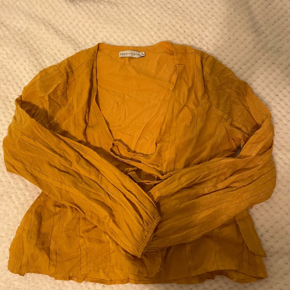 Paper crane tie-up long sleeve yellow embroidered blouse shirt. Runs large